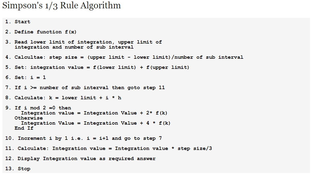 Simpson's 1/3 pseudo-code