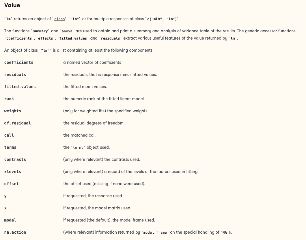 Values for lm() documentation