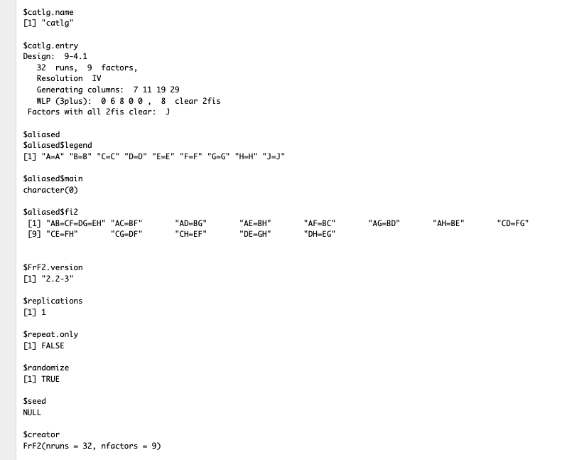 design.info from R