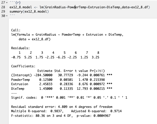 lm(Ex 12.8 lm() Output) Summary